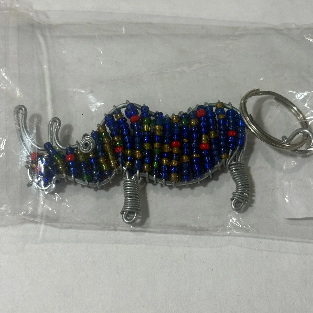 Handmade Beaded Wire Rhinoceros Keychain Blue Red Animal Art Bag Charm